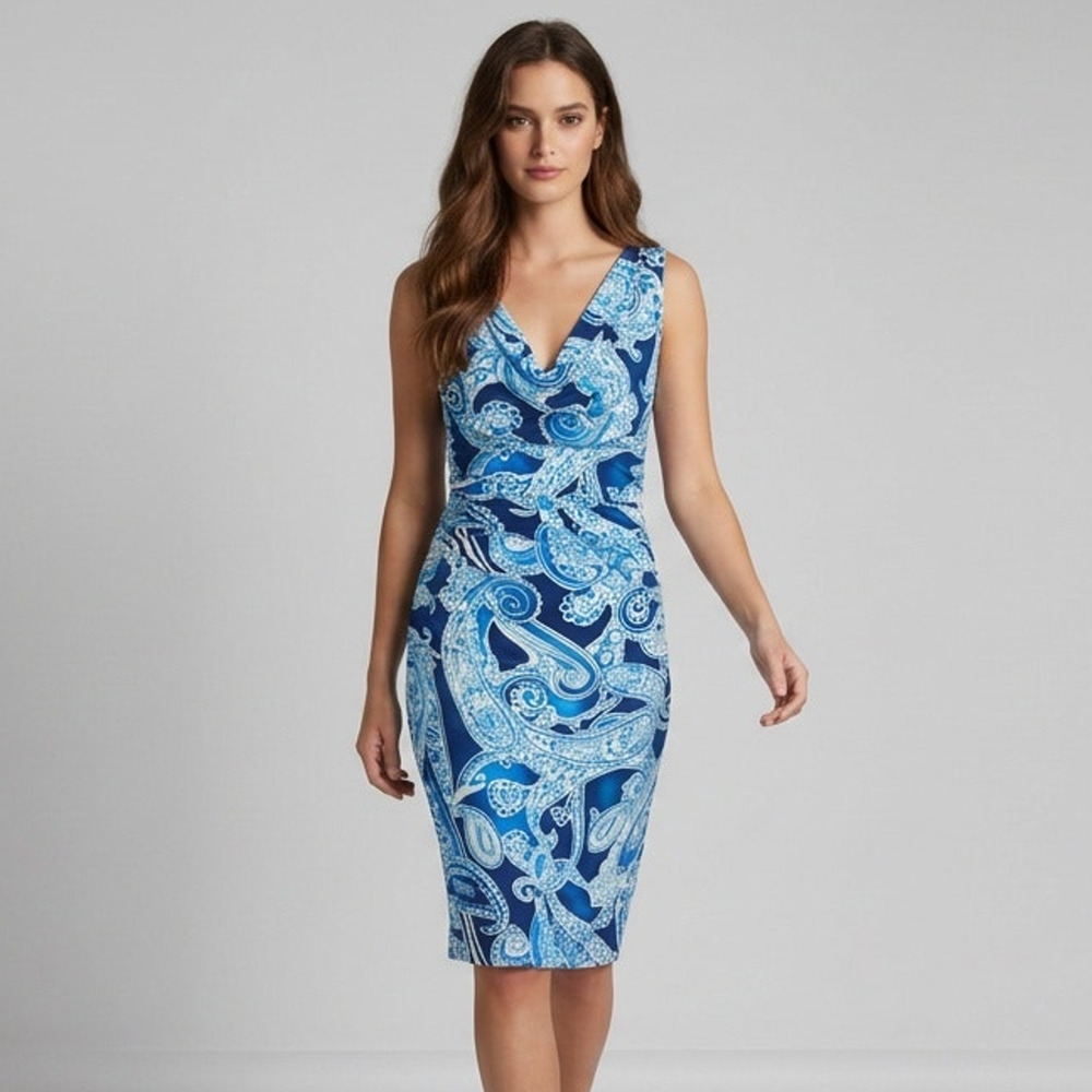 RALPH LAUREN Blue Paisley Ruched Cowl Neck Jersey Dress Lined Size 4